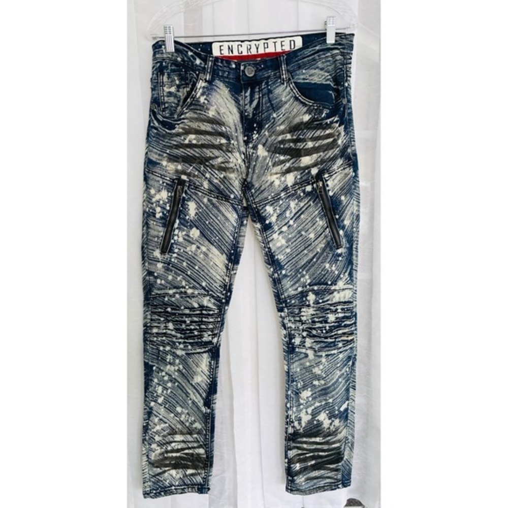 Encrypted Supply Company Mens Blue Acid Wash Moto Biker Slim Jeans 31x30